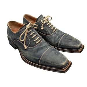 Stefano Branchini Mens 8.5 Dress Shoe Distressed Blue Leather Square Toe Oxfords